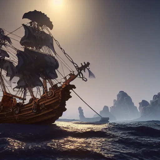 Image similar to ghost pirate ship with a pirate on the foreground, highly detailed, photorealistic portrait, bright studio setting, studio lighting, crisp quality and light reflections, unreal engine 5 quality render