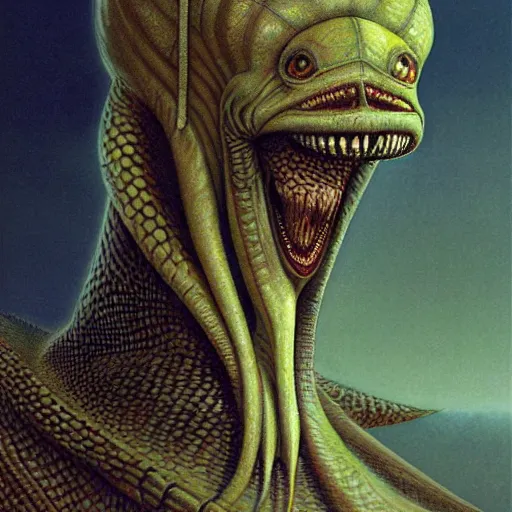 Image similar to facial portrait of tall, long-necked lipless mutant with scaled face and serpent eyes wearing gauze toga and standing in science fiction art deco mosque, alien bestiary by Barlowe, Greg Rutkowski, and Yoshitaka Amano