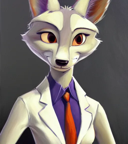 Image similar to oil painting of anthromorphic female wolf, in style of zootopia, zootopia, zootopia, fursona, furry, furaffinity, 4 k, deviantart, furry art, fursona art, wearing black business suit, business suit, in style of zootopia, wolf fursona, cyberpunk, female, expressive detailed feminine face,