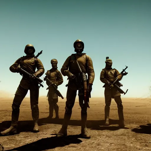 Prompt: cinematic shot of a group of fallout NCR soldiers holding rifles standing outside of a gas station in the desert, 8k, dslr, depth of field,