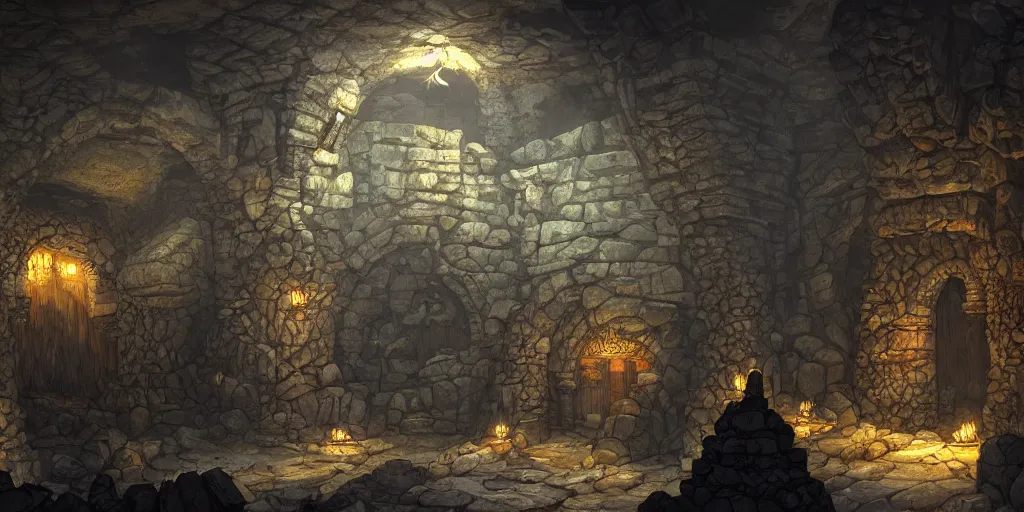 Prompt: dwarven stronghold in the underdark, artstation caverns, masonry, dramatic lighting