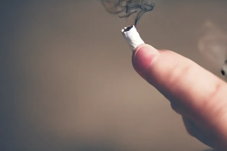 Image similar to Close-up photo of thin soft hand holding cigarette with smoke, hyper realistic