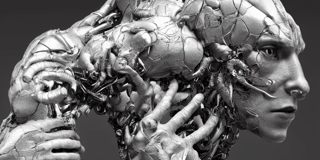Image similar to hyper realistic photography of a stunningly beautiful cyborg male, elbow, thy, intimate, holding close, reflective chrome in the style of beth cavener, jin kagetsu,, and wlop, highly detailed, intricate filigree,, masterpiece, award winning, sharp focus, concept art, ringflash lighting, ambient lighting, octane render, 8 k, artstation