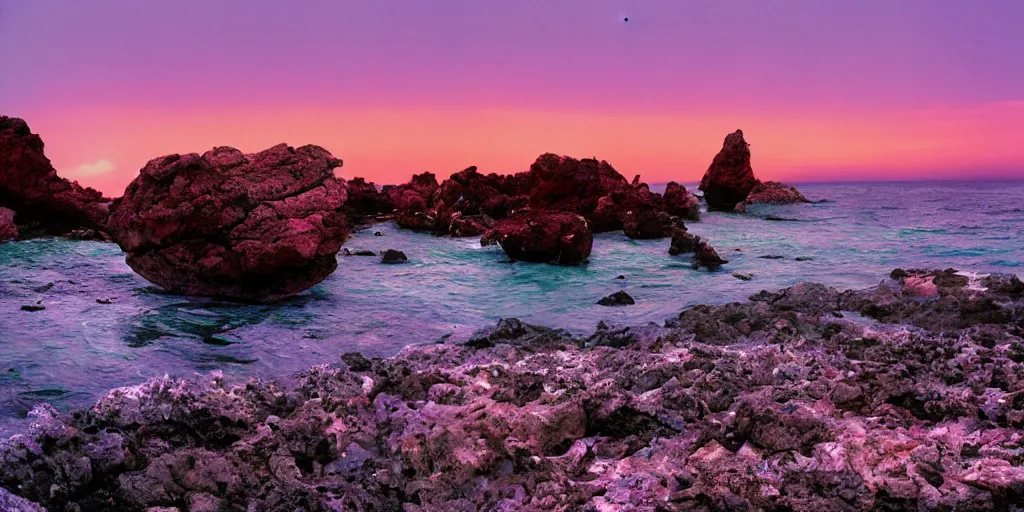 Prompt: a wide angle color movie still of a rocky beach on an alien planet, three suns, purple sky, purple water, beautiful shot on celluloid with panavision cameras, panavision lenses, 3 5 mm film negative width, anamorphic projection format, critically acclaimed, oscar winning practical effects