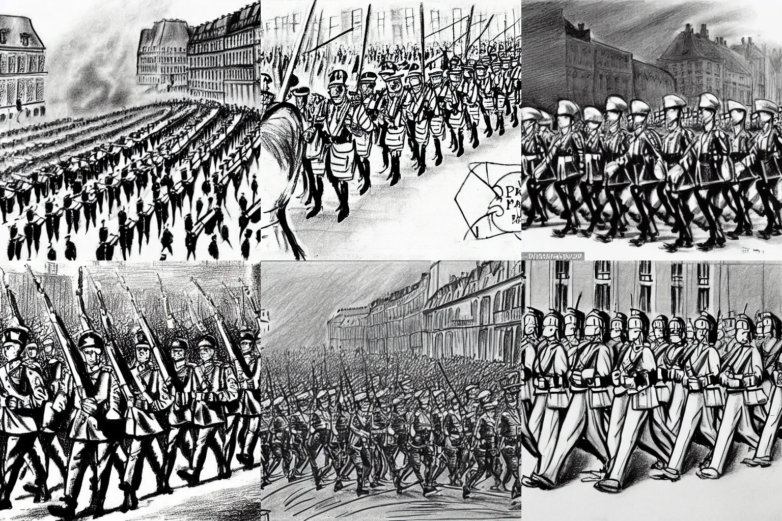 Prompt: a drawing of the German army marching into Paris in 1940