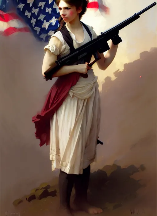 Image similar to character concept portrait of girl with an american flag in one hand and a rifle in one hand, victorian, intricate, elegant, digital painting, concept art, smooth, sharp focus, illustration, by Ruan Jia and Mandy Jurgens and William-Adolphe Bouguereau, Artgerm