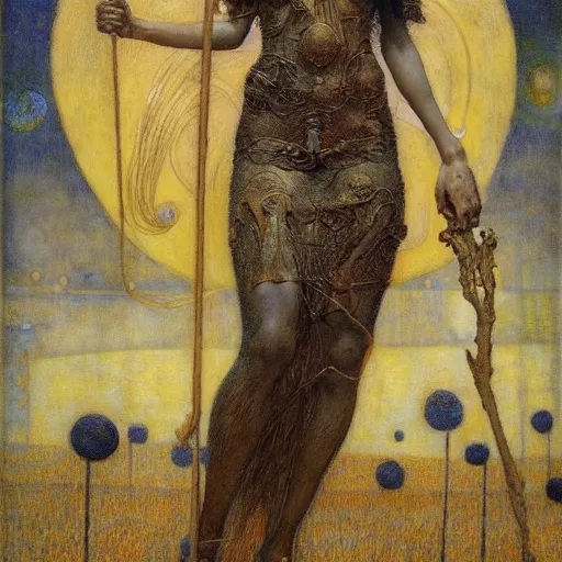 Image similar to masterpiece full body of a goddess in the cosmos with a human skull in one hand and a staff of wheat in the other, by Edgar Maxence and Ross Tran and Michael Whelan and Gustav Klimpt