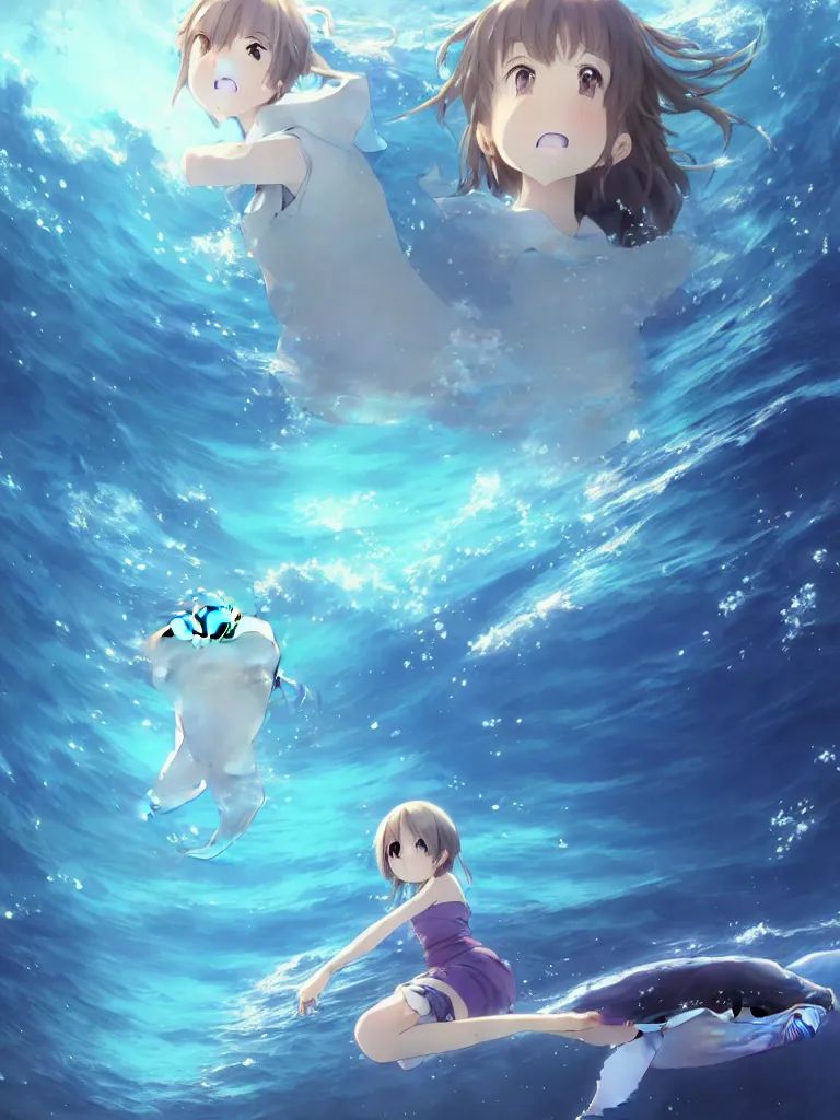 Image similar to a panorama view under the water, anime art full body portrait character concept art, hyper detailed cg rendering of a cute girl and whale, anime key visual of children of the sea, finely detailed perfect face, style of raphael lacoste, makoto shinkai, violet evergarden, studio ghibli, james jean, hayao miyazaki, extremely high quality artwork