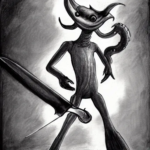 Prompt: a humanoid eel creature holding a swashbuckling sword in the style of a charcoal drawing