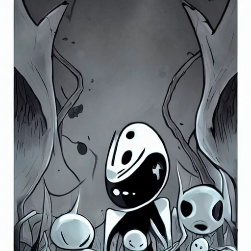 Image similar to girl Hollow Knight poster, very clean art, clean thick black lineart, Hollow Knight art style, beautiful mysterious feel