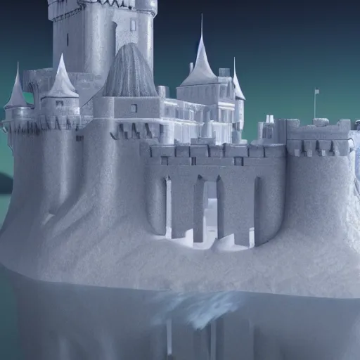 Prompt: A beautiful castle made of ice with mountains in the distance, 4k, soft lighting, cinematic, detailed, 3d render