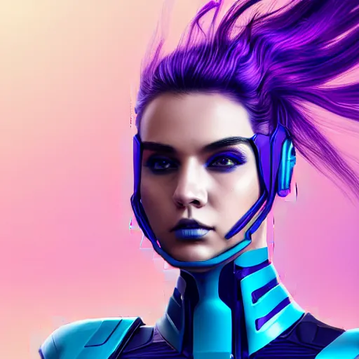 Image similar to a stunning upper body portrait of a beautiful young woman wearing futuristic navy blue and teal battle bodyarmor and pauldrons and ombre purple and pink hairstyle with hair blowing in the wind, by marvel comics, outrun, vaporware, highly detailed, fine detail, intricate, digital art, trending on artstation