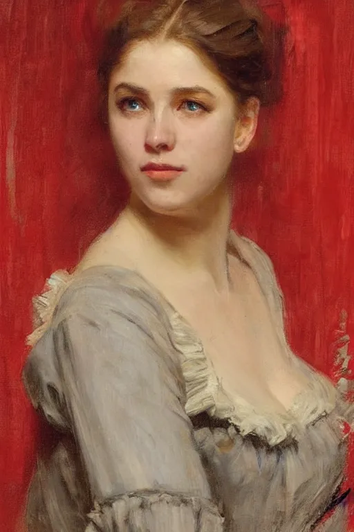 Image similar to Solomon Joseph Solomon and Richard Schmid and Jeremy Lipking victorian genre painting full length portrait painting of a young beautiful woman traditional german french barmaid in fantasy costume, red background