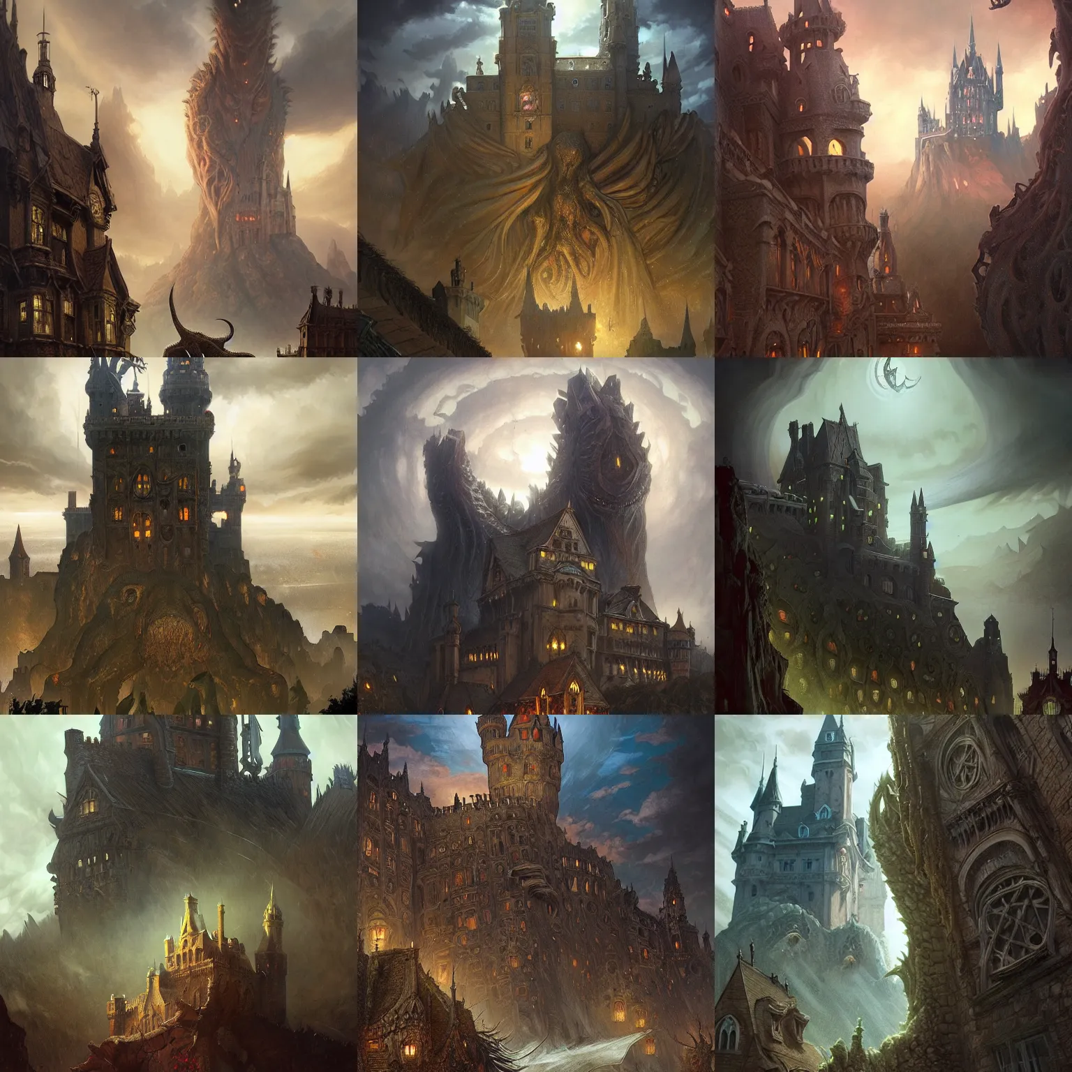 Prompt: giant lovecraftian monster looms over a castle, high fantasy, horror, dnd, highly detailed, smooth, sharp focus, chiaroscuro, digital painting, artgerm and greg rutkowski and alphonse mucha