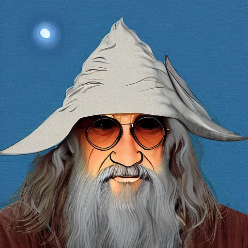 Prompt: Digital art portrait of Gandalf wearing sunglasses on a beach
