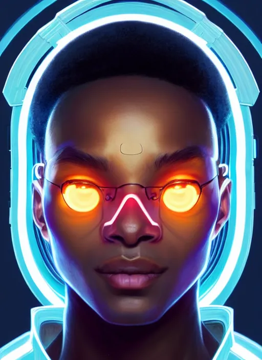 Image similar to symmetry portrait of baptiste from overwatch, sci - fi, tech wear, glowing lights intricate, elegant, highly detailed, digital painting, artstation, concept art, smooth, sharp focus, illustration, art by artgerm and greg rutkowski and alphonse mucha