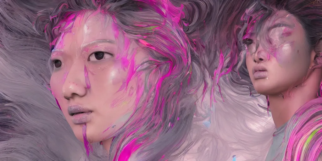 Prompt: a portrait of a very beautiful young asian goddess with pink and grey hair radiating an artwork made of swirling paint and impasto by wlop and ian mcque, background is multicoloured volumetric displacement, hyperrealism, subsurface scattering, arnold render, noise to volume, 8 k, houdini, xparticles