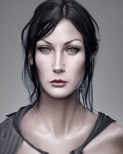 Image similar to portrait of a tall 4 0 - year - old woman with thin lips, heavy - lidded eyes, a strong jaw and long, thick shining black hair, thick eyebrows and long eyelashes, wearing in black clothes, hyper realistic face, beautiful eyes, character art, art by mark brooks, hyperdetailed, cryengine, trending on artstation, digital art