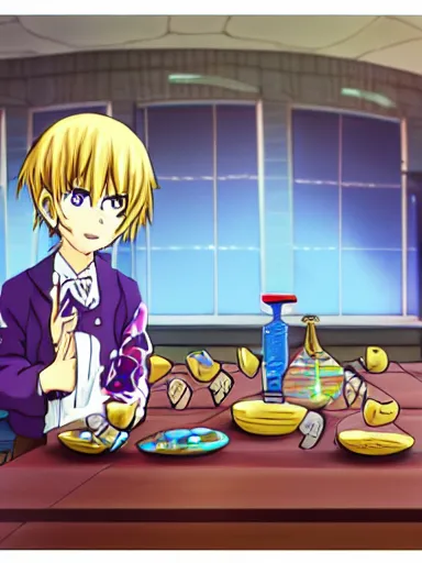 Prompt: anime screenshot of a powerful magician in his laboratory. magical artefacts in the table, bushs of flowers growing in the roof and floor