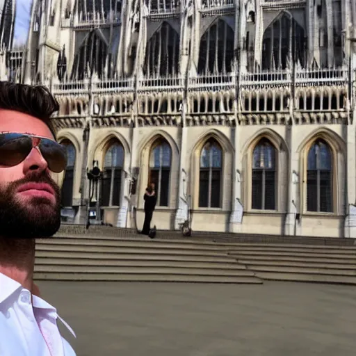 Image similar to Gigachad taking a selfie with the hungarian Parliament, 4k, selfie,