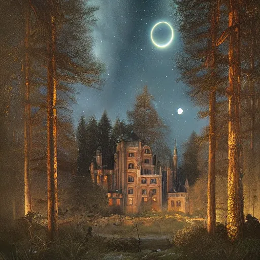 Prompt: a renaissance castle in a forest with a glowing night sky, upward angle, by eve ventrue