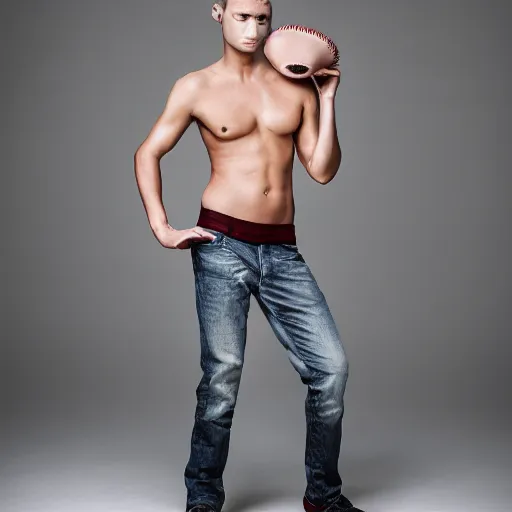 Image similar to male fashion model with a baseball head, professional photography, studio lighting