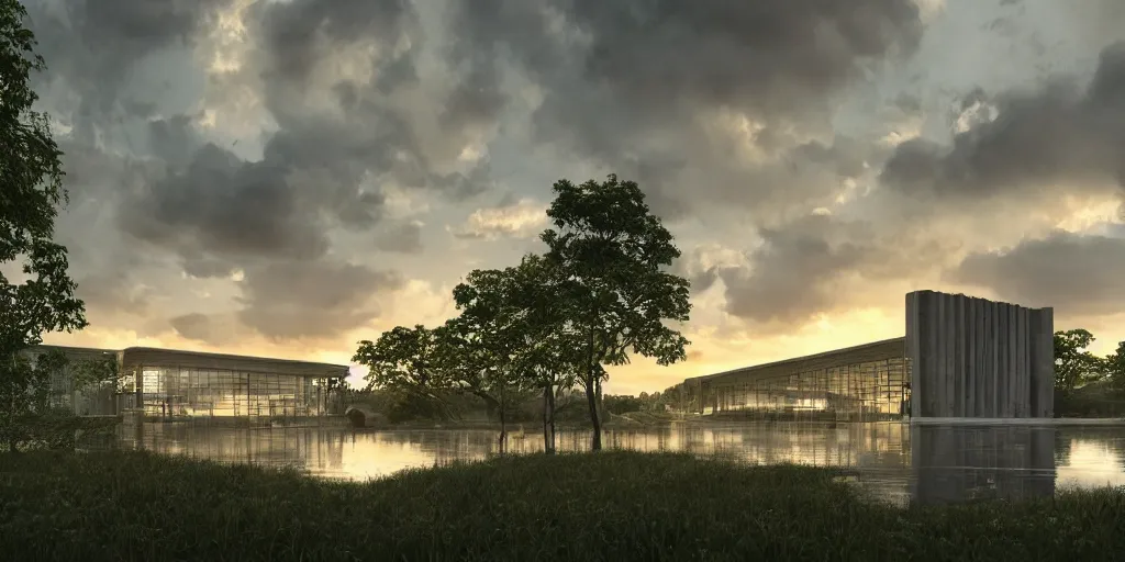 Image similar to a stunningly detailed arts center designed by Le Corbusier, surrounded by lush green forest, ponds of water, stunning volumetric lighting, sunset, metal, concrete, stunning skies, trending on Artstation, 8k, photorealistic, hyper detailed, unreal engine 5, IMAX quality, cinematic, epic lighting, in the style of Greg Rutkowski