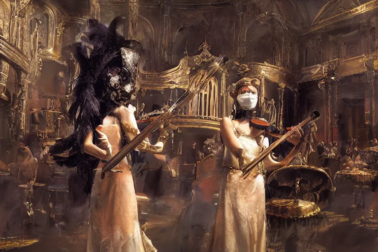 Image similar to craig mullins and ghibli digital art of on the stage of the theater, a masked female violinist performs alone, dressed in exotic costumes, gold jewelry, and black hair realistic shading, cinematic composition, realistic render, octane render, detailed textures, photorealistic, wide shot