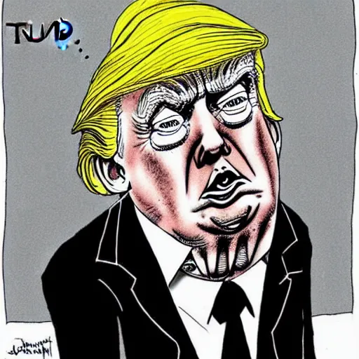 Prompt: : trump looking sad, political cartoon, style of Ralph Steadman