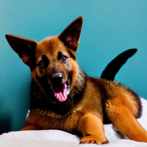 Image similar to in my bedroom my gsd puppy gets the zoomies and jumps around on the bed that has a color comforter, high energy, frenetic craziness, running, jumping, chasing, 3 d octane render, imax 7 0 mm, rtx,