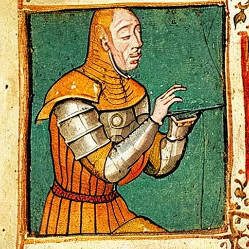 Prompt: a 1 5 th century medieval manuscript illustration of a knight on his phone, high quality scan, university of oxford