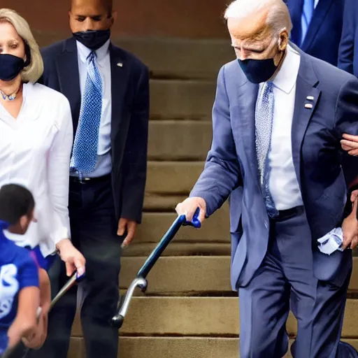Prompt: joe biden falls from stairs into feces with broken limbs