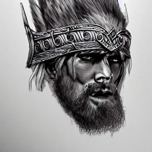 Image similar to of valhalla viking headgear with flaming red hair, fine detail, texture, extreme detailed drawing, trending on artstation, hyperreal