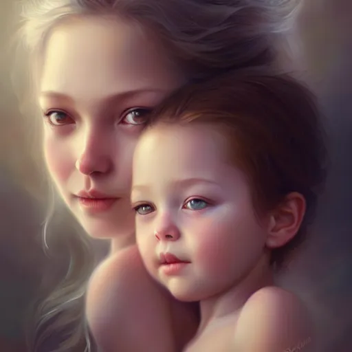 Image similar to love is patient love is kind, mother and child ; photorealistic oil painting by charlie bowater and mark blooms ; highly detailed cute faces by wlop ; trending on artstation