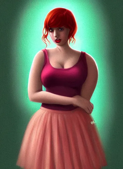 Image similar to full body portrait of teenage cheryl blossom, chubby, bangs, green eyes, sultry expression, red hair, sultry smirk, bangs and wavy hair, pink skirt, fat, intricate, elegant, glowing lights, highly detailed, digital painting, artstation, concept art, smooth, sharp focus, illustration, art by wlop, mars ravelo and greg rutkowski