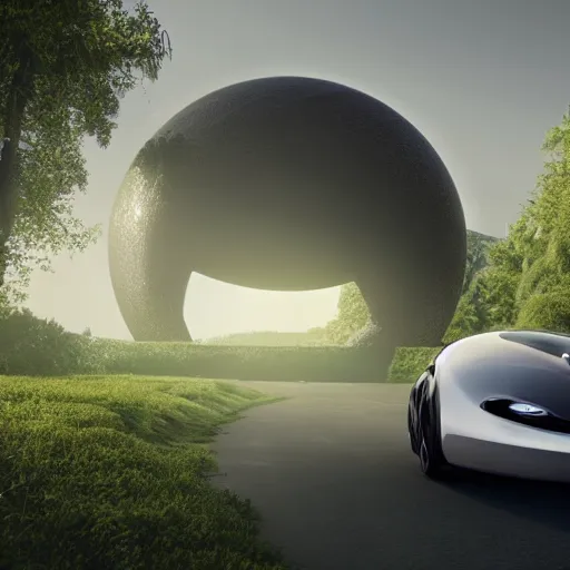 Image similar to a spherical car driving next to a beautiful camp with tyrannosaurus rex and humans dancing, smoky, green hills, many interstellar plants, futuristic concept design, airy landscape, high detail rendering by octane, unreal engine, 8 k, cinematic grade.