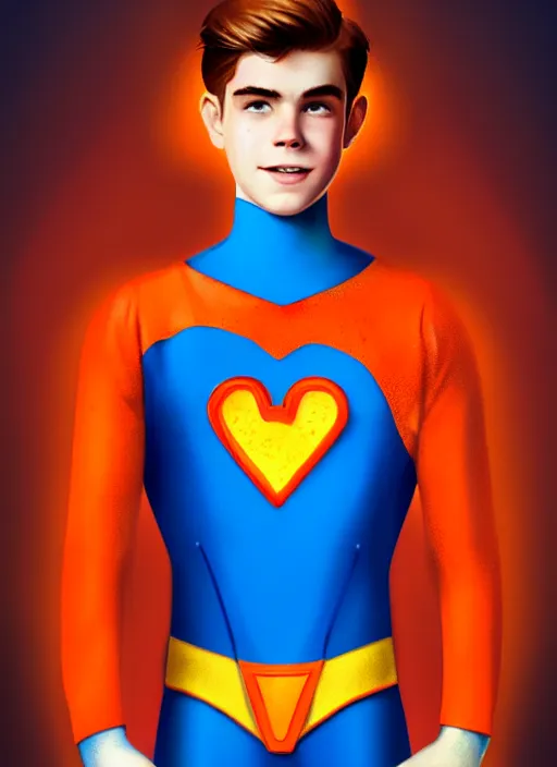 Image similar to friendly teenage archie andrews wearing an orange superhero costume with heart logo, heart, freckles, blue cape, heart emblem on chest, blue cape, intricate, elegant, glowing lights, highly detailed, digital painting, artstation, sharp focus, illustration, art by wlop, mars ravelo and greg rutkowski