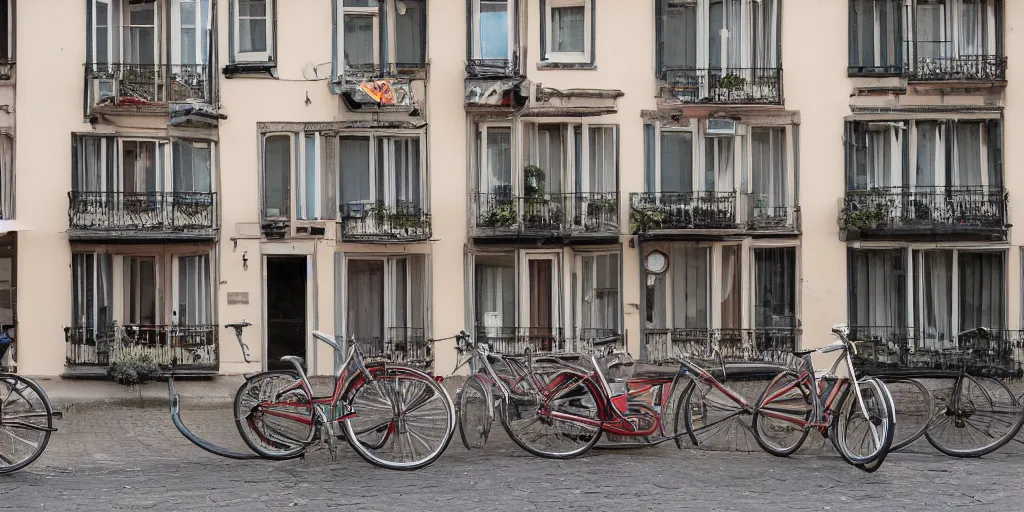 Prompt: looking out a window there's a building and bicycles and cars