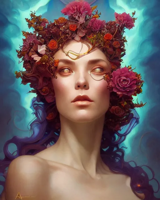 Image similar to liquid magma priestess face, flowers and gemstones, artgerm, peter mohrbacher, jesper ejsing, photorealism, highly detailed portrait, volumetric lighting, halo of light, gilding, alphonse mucha