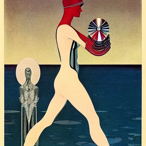 Image similar to art by coles phillips, a tall chrome - skinned goddess walks the earth, reflective skin, chrome, skin with a mirrror like finish similar to the silver surfer, mucha, kandinsky, joshua middleton