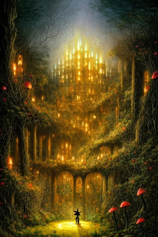 Image similar to a beautiful digital illustration painting of a detailed gothic fantasy fireflies and roots, dark mushroom, flowers ruins in the rain by benoit b. mandelbrot, steven belledin, martin johnson heade, lee madgwick, caspar david friedrich, and david rios ferreira. 8 k resolution trending on artstation concept art digital illustration