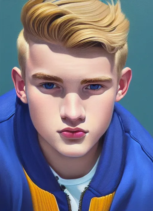 Image similar to portrait of a high school senior boy named moose mason, blonde short hair, jock, beefy, square jaw, square facial structure, 1 9 5 0 s, blue varsity jacket, intricate, elegant, glowing lights, highly detailed, digital painting, artstation, concept art, smooth, sharp focus, illustration, art by wlop, mars ravelo and greg rutkowski