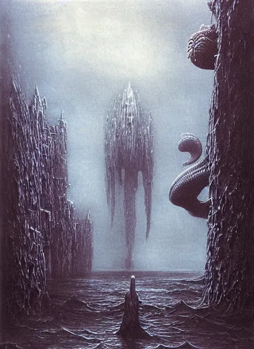 Prompt: a giant lovecraftian sea creature destroying an underwater city by beksinski