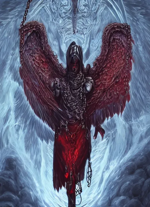 Image similar to lucifer, dark angel, red eyes, chain, handcuffs, large chain, wide open mouth, scream, cruelty, sad, sea bottom, light effect, hyper detailed, intricate, elegant, highly detailed, digital painting, artstation, concept art, matte, sharp focus, illustration, by dan mumford, yusuke murata, makoto shinkai, ross tran