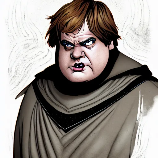 Image similar to a fantasy comic - style full portrait of a friar who looks like chris farley, digital illustration by ken taylor and sana takeda and jenny frison, character design, concept art, fine inking lines, vivid colors, dnd, highly detailed!, hd, 4 k, trending on artstation