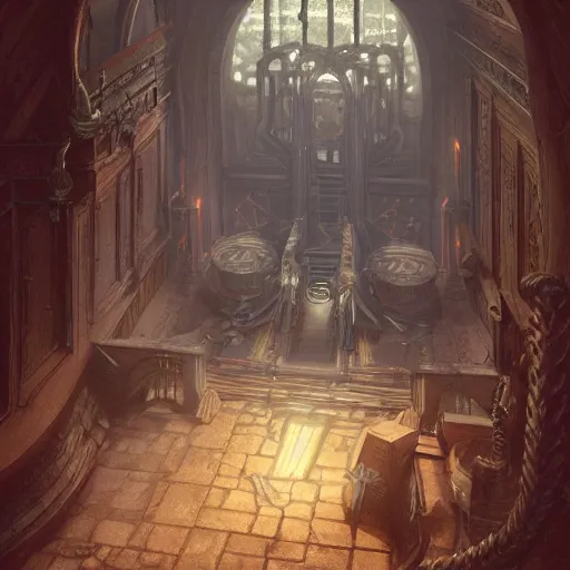 Image similar to ultra realistic illustration,, hell torture chamber interior from diablo and baldurs gate, intricate, elegant, highly detailed, digital painting, artstation, concept art, smooth, sharp focus, illustration, art by artgerm and greg rutkowski and alphonse mucha