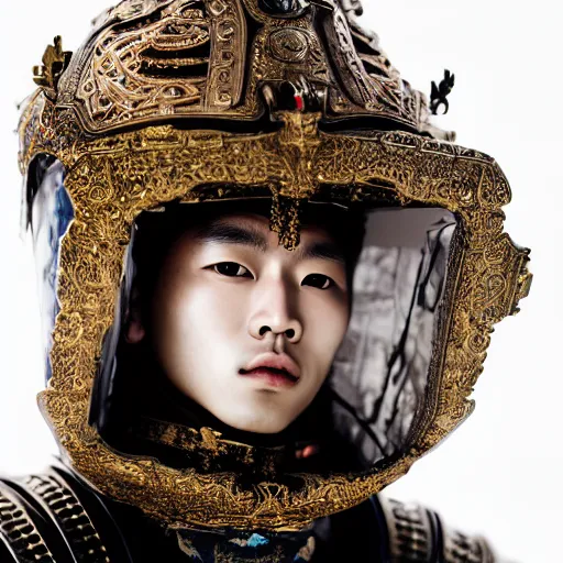 Image similar to a portrait of a beautiful young korean male wearing an alexander mcqueen armor , photographed by andrew thomas huang, artistic