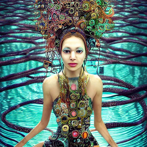 Image similar to swimming deeper into the multiverse, piles of modular synth cables mixed with mangrove roots, kawaii puerto rican goddess chilling out wearing a headpiece made of circuit boards, by cameron gray, wlop, stanley kubrick, masamune, hideki anno, jamie hewlett, unique perspective, trending on artstation, 3 d render, vivid