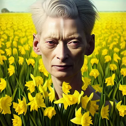 Image similar to medium shot, tilda swinton face fused with daffodil, head covered with leaves, inside the flower, daffodils field, highly detailed, unreal engine, 3 d art, digital art, painting by greg rutkowski