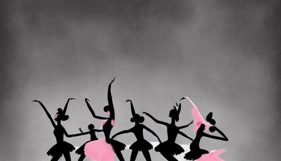 Prompt: a beautiful highly detailed matte painting of black devil ballerinas dancing on stage by atay ghailan, cliff chiang, loish and goro fujita, black, white and pink mystical tones, featured on artstation, featured on behance, grunge aesthetic, spooky
